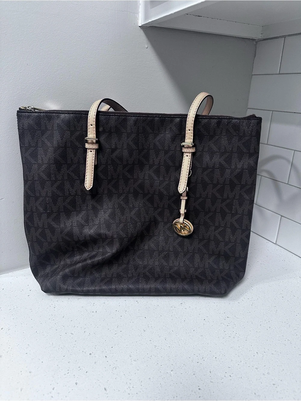 Michael Kors Dark Brown MK Logo Tote with Light Beige Straps